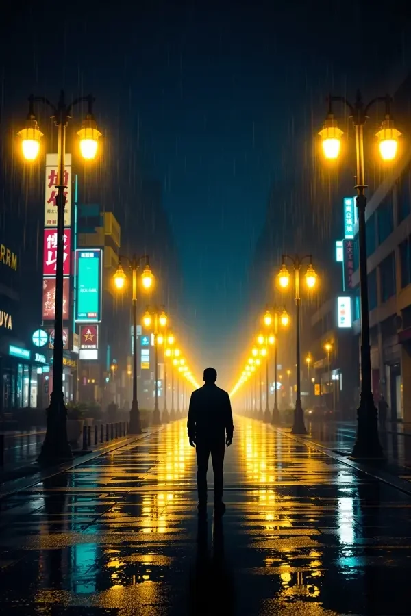 电影天堂声音观察配图：雨夜街道灯光下一个人的背影